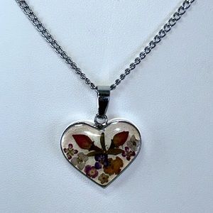 Sterling Silver Pressed Flowers Heart Charm On 18” Stainless Steel Necklace Boho